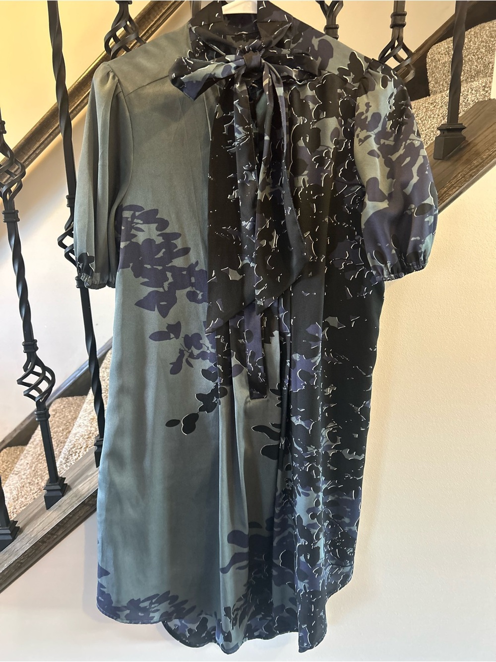 Jessica Simpson Black and Green Floral Tie-Neck Blouse